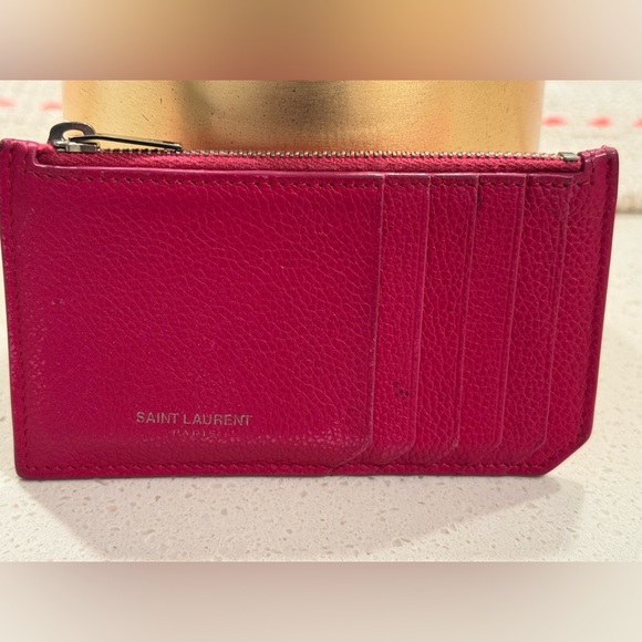 YSL Saint Laurent 5 Fragments Zip Card Case Grained Leather Fuchsia - Picture 1 of 13